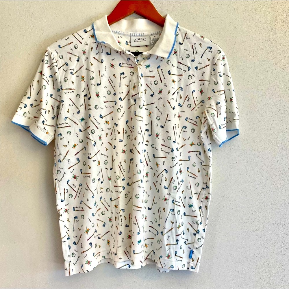 Liz Golf By Liz Claiborne Medium White Blue Golf Print Button Up Shirt Cotton